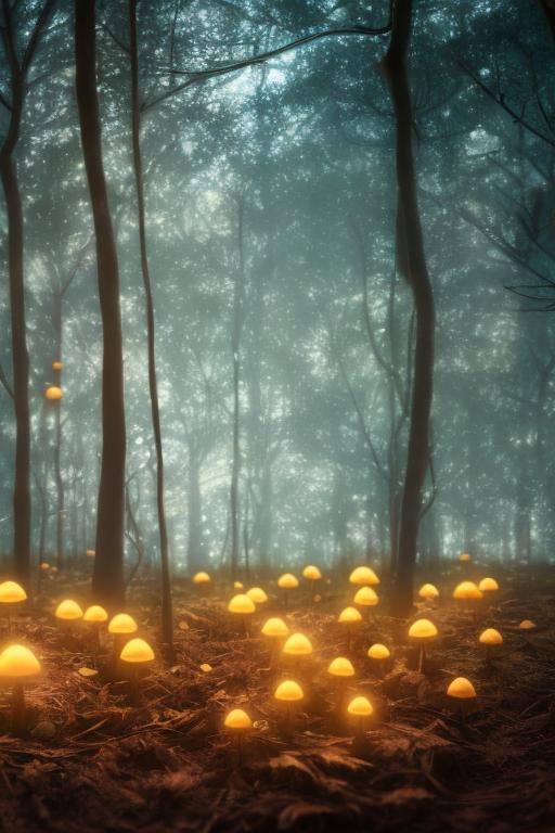 A luminescence mushrooms in the forest, beautiful lighting during golden hour. 50mm, f/1.8, Realistic details. Ultra HD. 8K V-ray. Octane Render. Unreal Engine 5. Professionally colour graded. Concept art. Vibrant colours. fog. Bokeh
