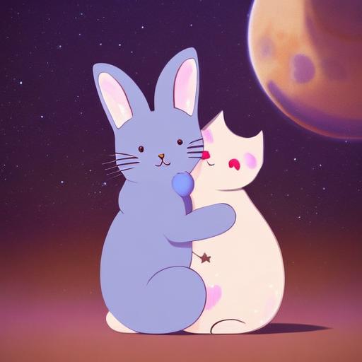 cute kawaii cat huggin a bunny, opal moon background, stellar, bright colors, digital Art, perfect composition, starry night sky, magical, beautiful detailed intricate insanely detailed octane render trending on artstation, 8k artistic photography, photorealistic concept art, soft natural volumetric cinematic perfect light, chiaroscuro, award winning photograph, masterpiece, greg rutkowski, beeple, beksinski, giger