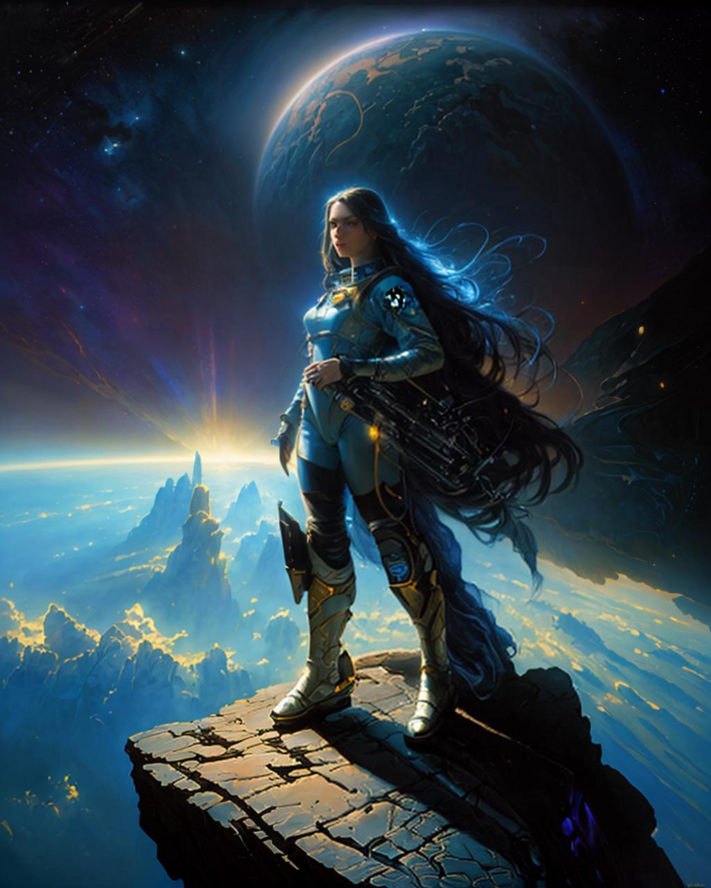 a beautiful girl with the head of an astronaut standing on the edge of a cliff, wide angle, tim hildebrandt, bruce pennington, donato giancola, oil on canvas, masterpiece, trending on artstation, cinematic composition, dramatic pose, beautiful lighting, sharp, details, hyper-detailed, hd, hdr, 4k, 8k