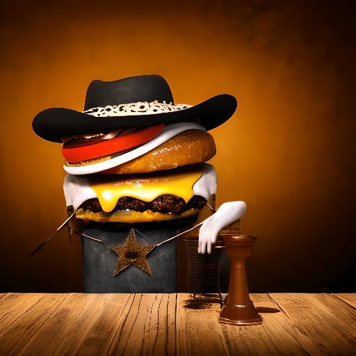 A realistic cheeseburger wearing a small cowboy hat,  gothic, surrealism, lovecraftian, cold hue's, warm tone gradient background, concept art, scene in dining room, beautiful composition