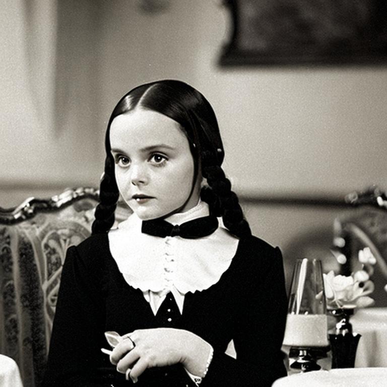 dinner with young Wednesday Addams sitting across the camera wearing a black choker staring into the camera in an expensive private restaurant, 1990, intricate, elegant, tasteful, highly detailed, shallow depth of field