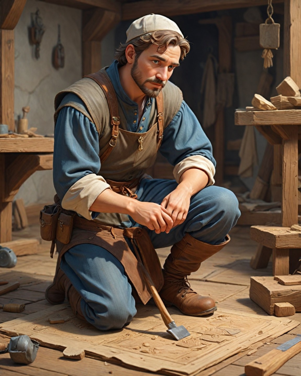 medieval craftsman, carpenter, architect, on his knees, requesting