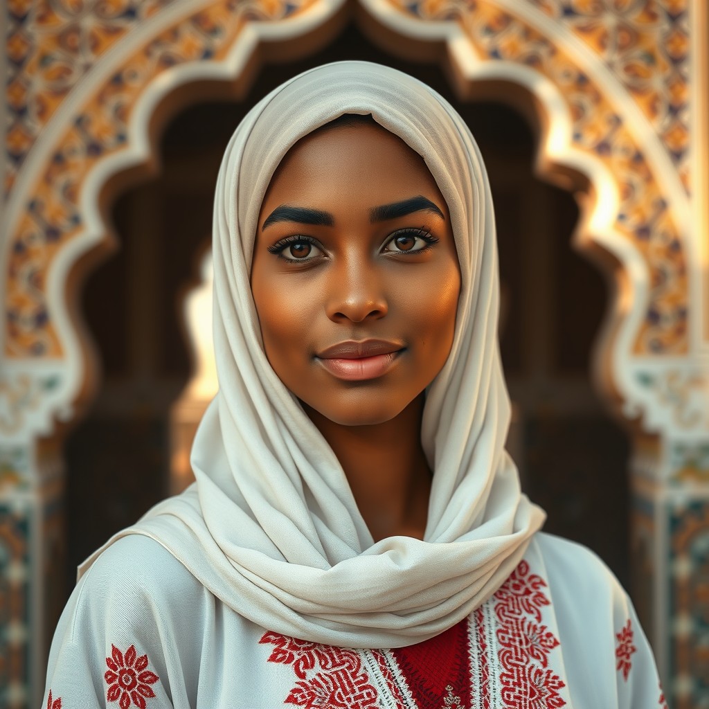 A highly realistic portrait of a young woman in her twenties with light brown skin, facing forward with a soft and discreet smile. She wears a beautifully draped hijab in a soft, elegant fabric that frames her face naturally. Her traditional white Moroccan djellaba features intricate embroidery, layered over a red inner garment. Her facial features are highly detailed and lifelike, with expressive eyes, smooth skin texture, and a gentle, serene expression. The background showcases a beautifully designed Moroccan arch adorned with intricate, colorful zellige tilework, reflecting traditional Moroccan craftsmanship. Warm, natural lighting enhances the depth and richness of the scene, creating a cinematic and hyper-realistic effect.tic effect