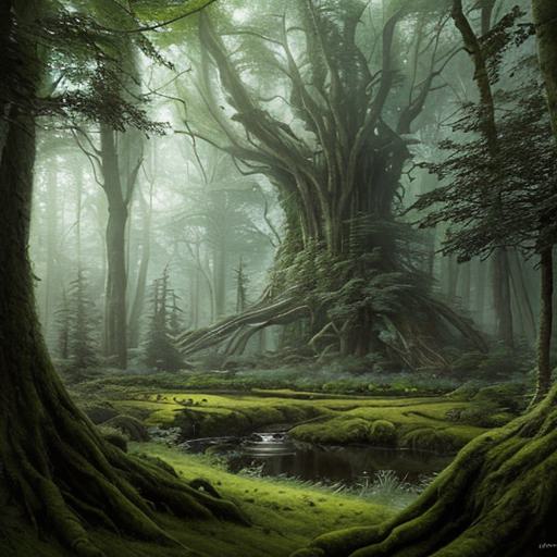 peaceful elven forest, thick forest, large living trees are visible in the background, by alan lee, michal karcz, smooth details, lord of the rings, game of thrones, smooth, detailed terrain, oil painting, trending artstation, concept art, fantasy matte painting