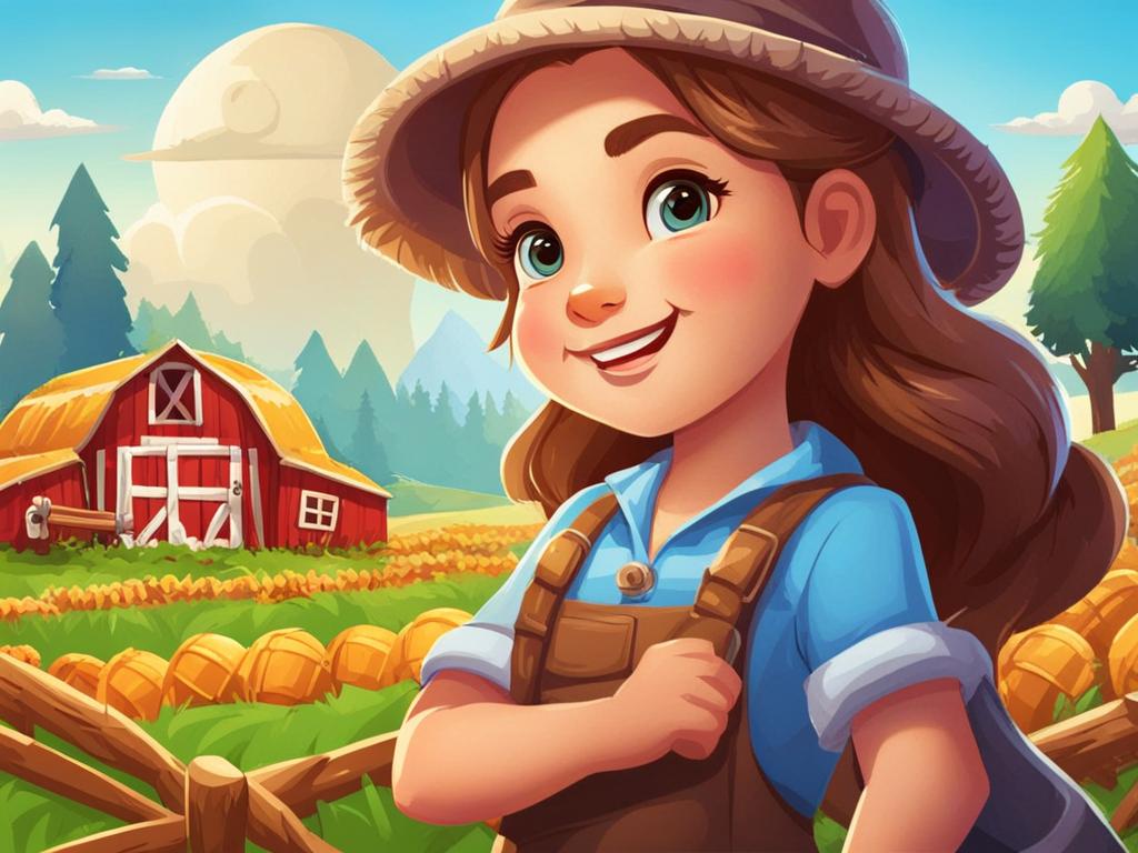 cartoon farm game art with cute girl at foreground at right