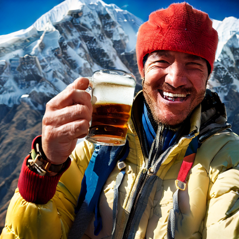 a man smiling at the top of mount everest while drinking a beer, portrait photo, 50mm lens, natural lighting, candid moment, triumphant expression, rugged outdoorsman, breathtaking scenery, adventure photography, national geographic, award winning, high resolution.