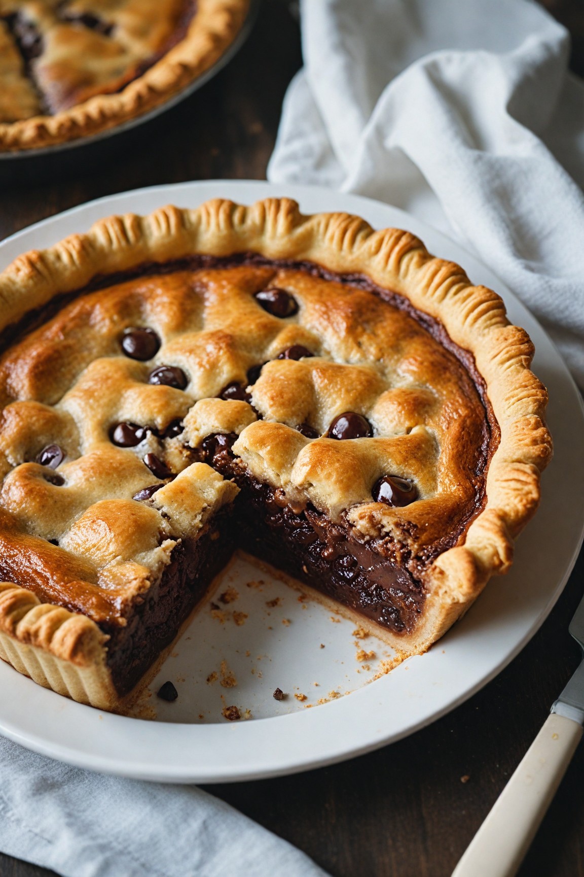 "Illustrate a slice of deep-dish cookie pie being lifted from a larger pie. The cookie is thick, gooey, and packed with chocolate chips that are slightly melted, adding a rich texture. The crust is golden brown and slightly crispy, contrasting with the soft, chewy interior. The pie is served on a white plate, and the scene exudes warmth, as if freshly baked."