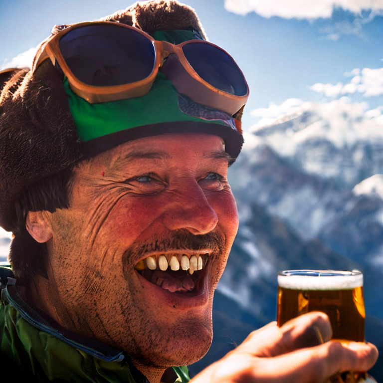 a man smiling at the top of mount everest while drinking a beer, portrait photo, 50mm lens, natural lighting, candid moment, triumphant expression, rugged outdoorsman, breathtaking scenery, adventure photography, national geographic, award winning, high resolution.