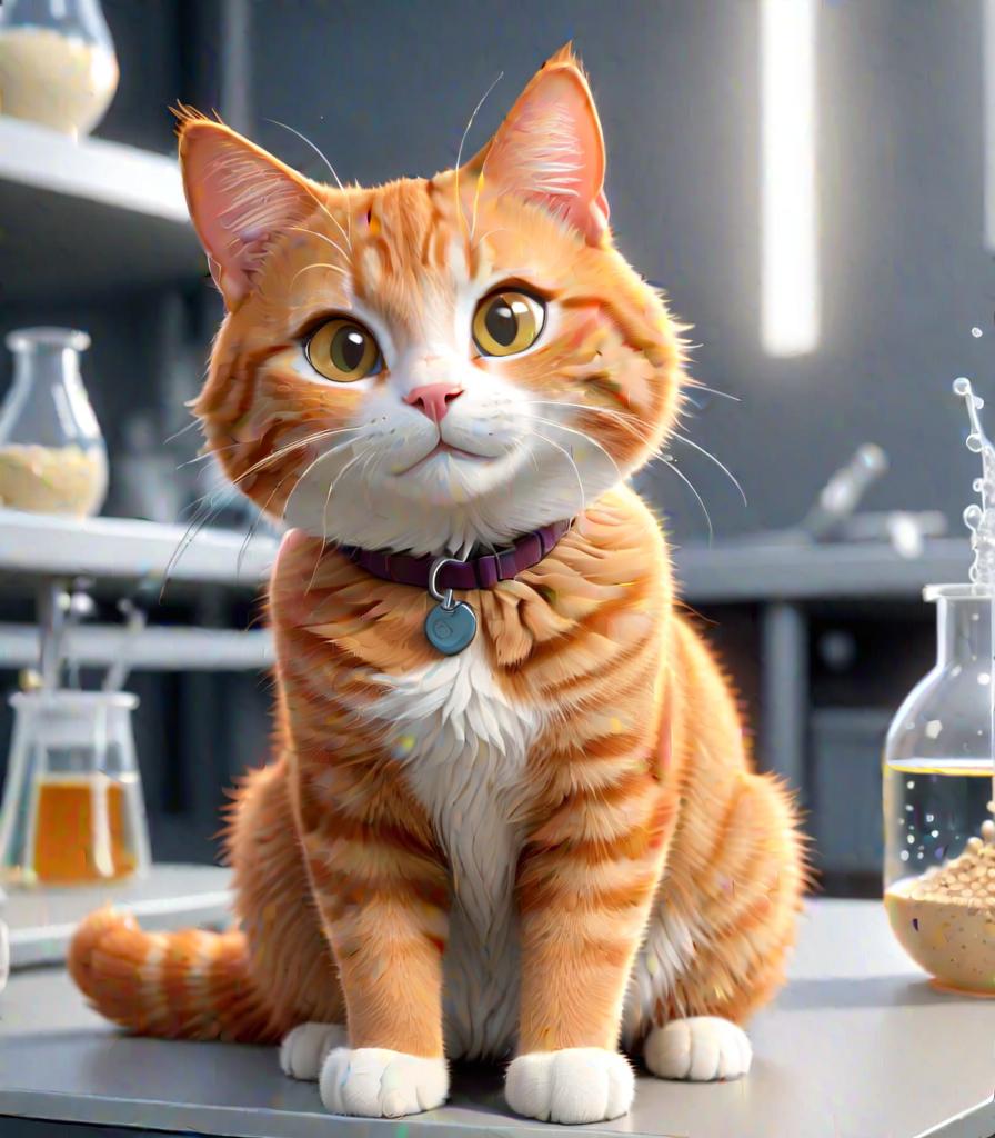 Cute looking ginger cat in a lab , 8k, hdr, cartoon style
