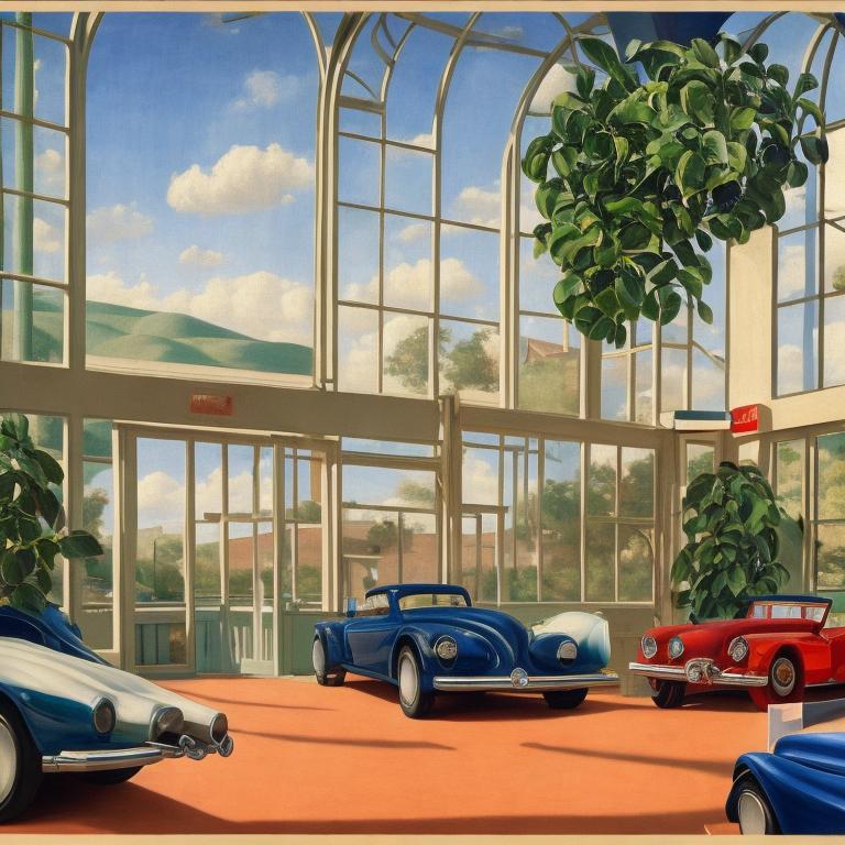 an achingly beautiful print of the interior of a modern car museum with vibrant cars inside, antiquitie cars on display, and one small potted plant by Raphael, Hopper, and Rene Magritte. detailed, romantic, enchanting, trending on artstation.