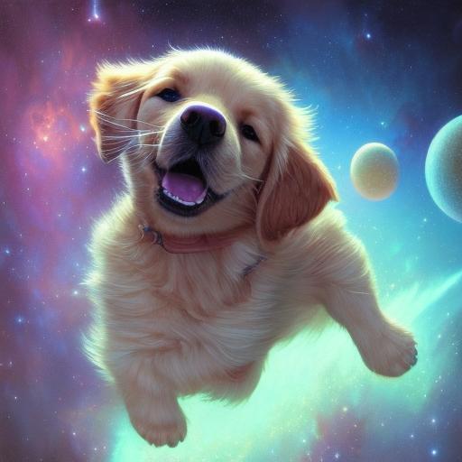 Highly detailed portrait of happy golden retriever puppy in space nebula, Stephen Bliss, unreal engine, fantasy art by Greg Rutkowski, Loish, Rhads, ferdinand knab, Makoto Shinkai and Lois van baarle, ilya kuvshinov, rossdraws, Tom Bagshaw, alphonse mucha, global illumination, radiant light, detailed and intricate environment