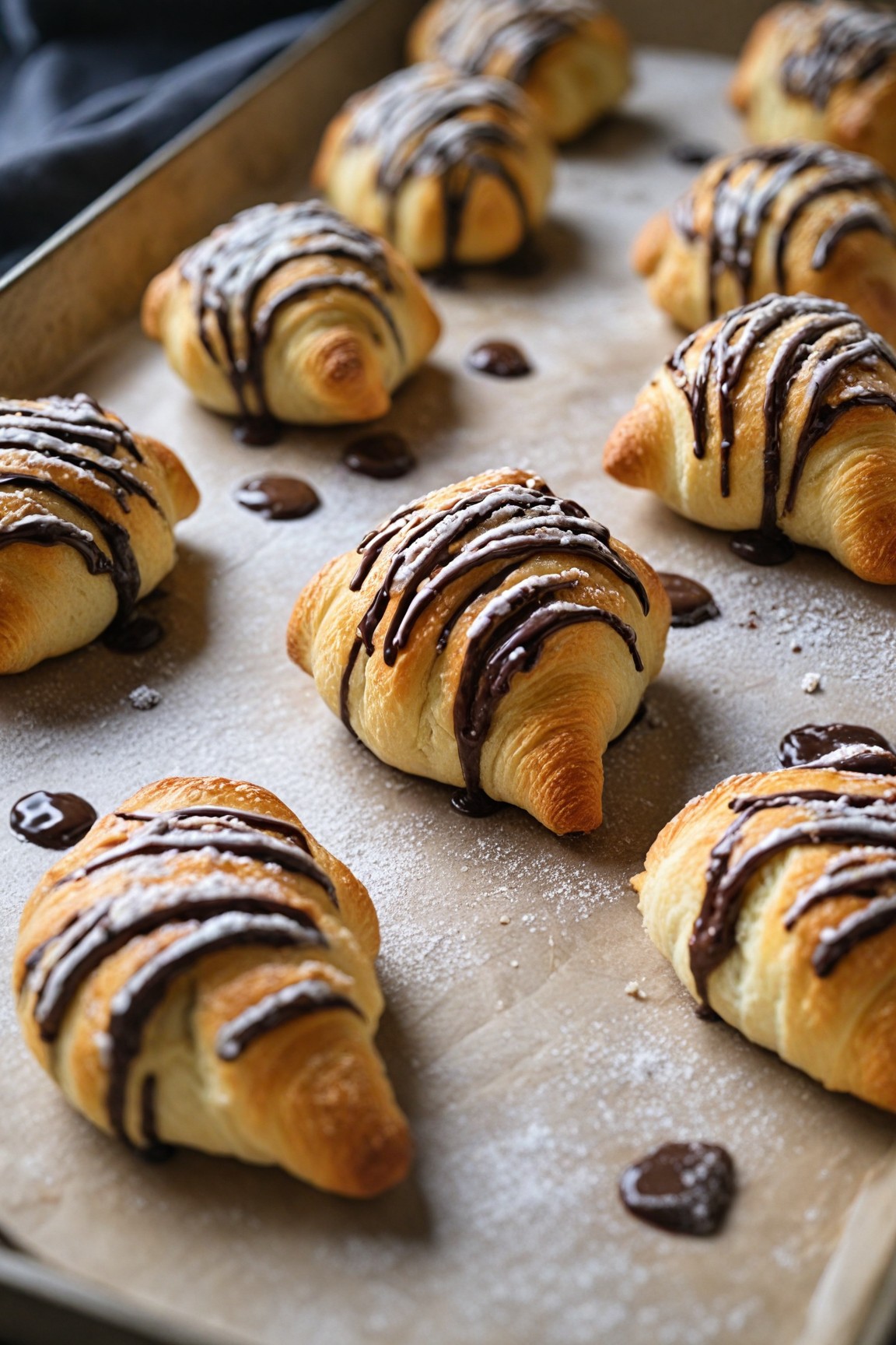 "Display a baking tray filled with freshly baked crescent rolls drizzled with chocolate. Each roll is golden-brown with crispy edges and a dusting of powdered sugar. The chocolate drizzle adds a rich, tempting layer on top of the pastries, with some chocolate oozing out from the sides. The rolls rest on parchment paper, giving a warm and cozy kitchen vibe."