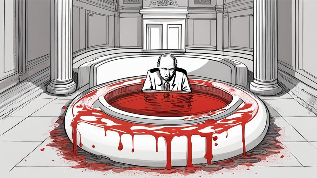 Vladimir Putin dressed in a jacuzzi full of blood. Draw it like a comic.