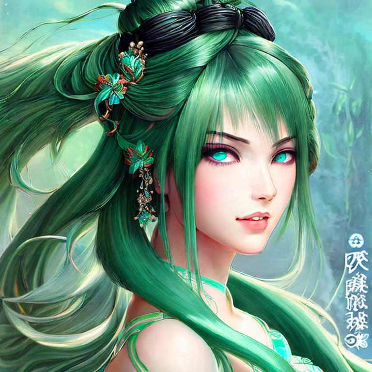 adult girl with long aqua glass hair, aqua glass eyes, a small pigtail on the left side, chinese dress, chinese style, anime style, hyper detailed, light green dress, illustration, digital painting, art by artgerm and greg rutkowski and alphonse mucha, high delicate defined details, anime stylized, highly detailed, realistic, sharp focus