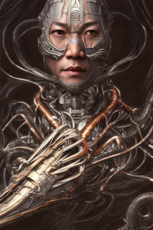 realistic portrait beautiful detailed matte painting of cinematic movie scene jet li mutate into cyborg snake. horror, created by gustave dore and greg rutkowski, high detailed, smooth draw, synthwave neon retro, intricate, realistic proportions, dramatic lighting, trending on artstation.