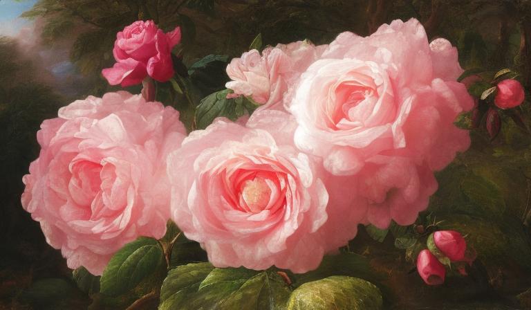 pink rose garden,  by artist Rachel Ruysch, by artist Thomas Cole, 4k, 1978, sunlight study
