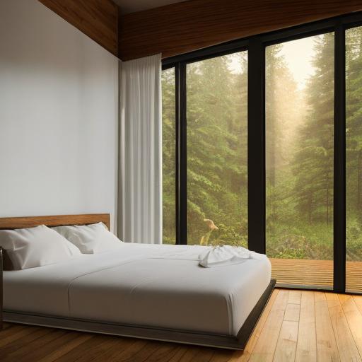 an ultra wide angle photo of a giant bedrom, wooden floor, white walls, modern miniimalistic bed, windows with the forest view, by casey weldon and lee madgewick and m. c. escher, photorealistic, octane render,