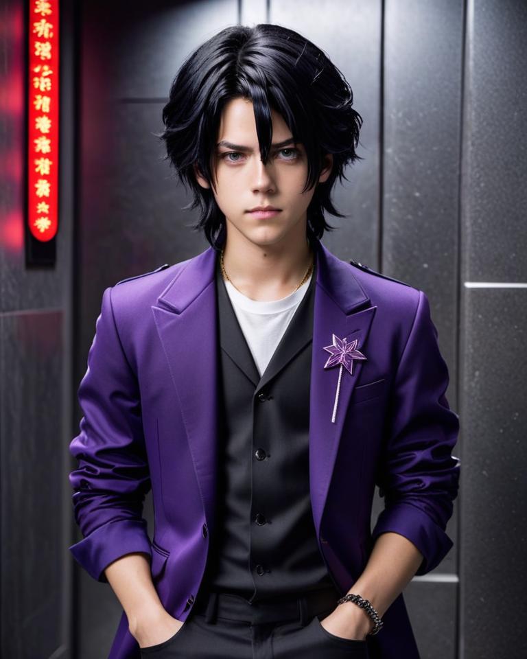 A gorgeous teenage Cole Sprouse cosplaying as Kokichi Oma from Danganronpa V3 with black hair.