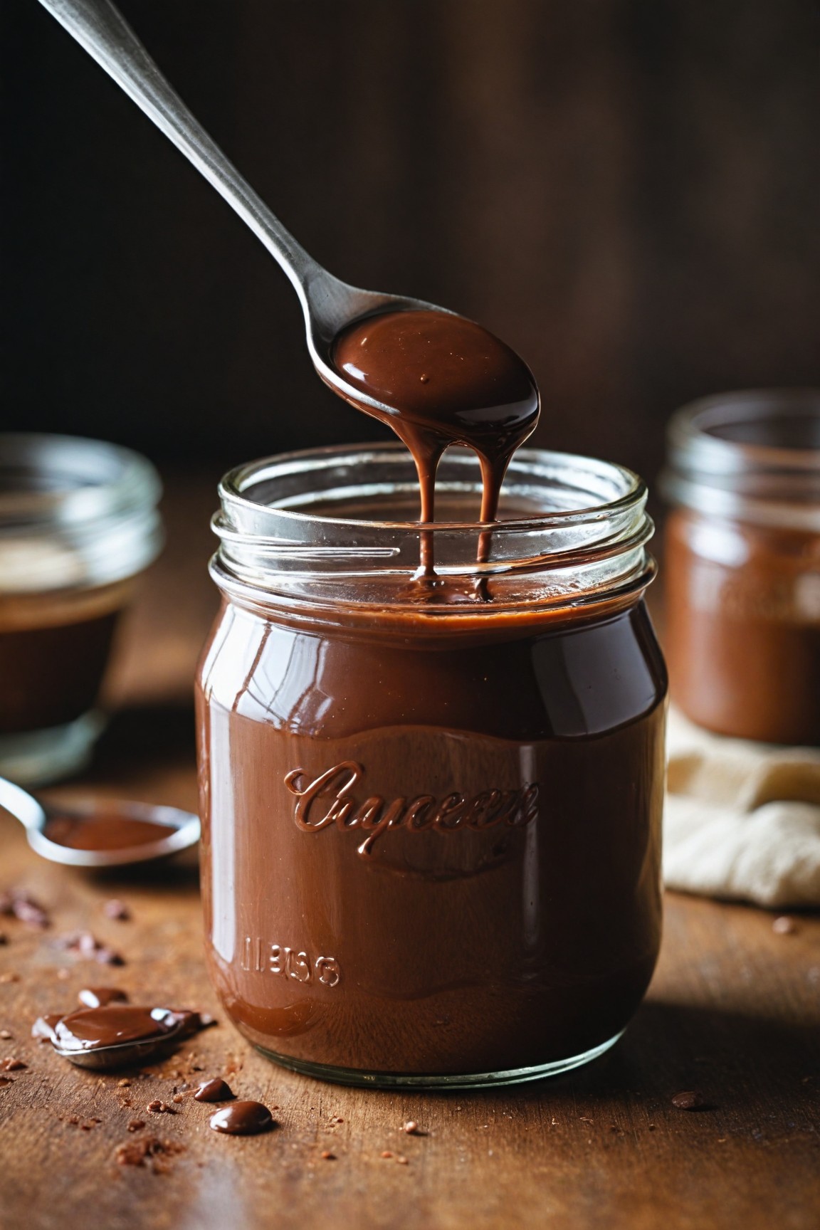 "Create a close-up image of a jar filled with smooth, rich chocolate spread. A spoon is dipped into the jar, lifting up a generous, creamy portion of the spread. The scene focuses on the glossy, velvety texture of the chocolate, with warm lighting enhancing the richness. The background is slightly blurred, directing attention to the jar and spoon."