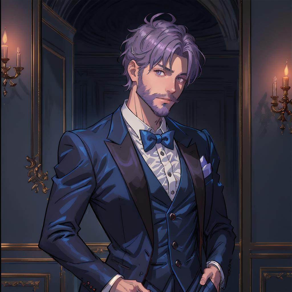 A man in his late thirties, light beard. light purple short hair, black eyes a little scar on his cheeck. Dressed in an elegant blue tuxedo and a cigar in his right hand