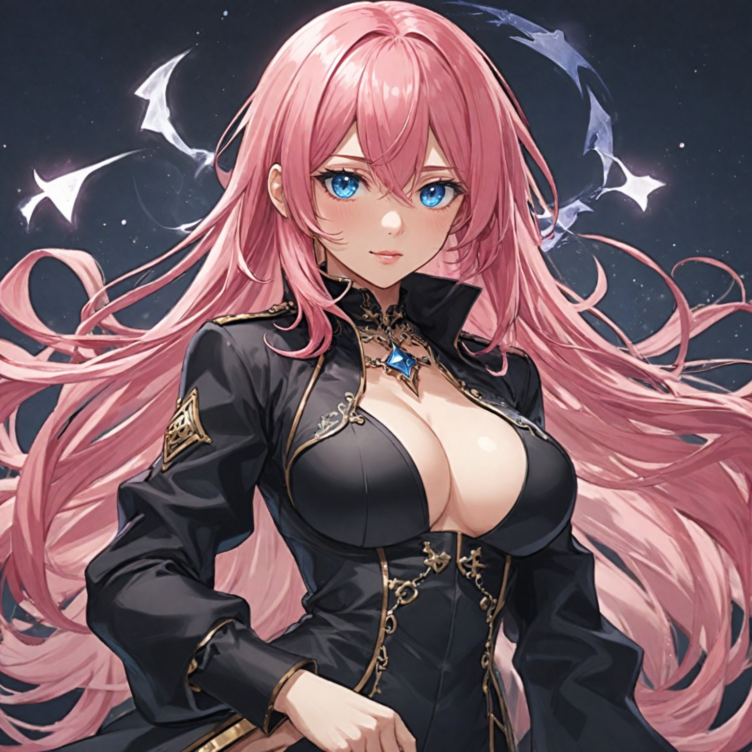 23 year old female magician, long pink hair, blue eyes, cool black magic outfit, amazing back, big breasts