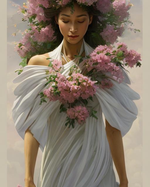 goddess of nature, accurate anatomy, white dress, flowers, highly detailed, digital painting, artstation, concept art, smooth, sharp focus, illustration, Unreal Engine 5, 8K, art by artgerm and greg rutkowski and alphonse Mucha