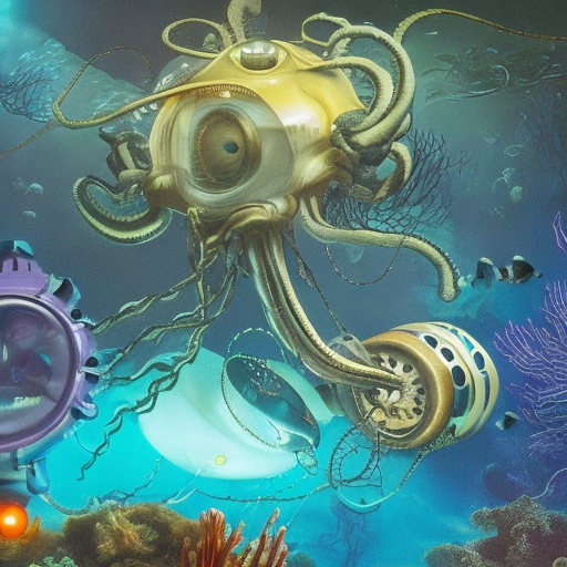 futuristic underwater vehicle with glowing lights being attacked by a giant squid with visible tentacles & menacing eyes, photographic quality, realistic anatomy, intricate machinery, exciting action