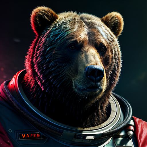 RAW face closeup profile portrait of grizzly bear in nasa spacesuit, closeup, in blade runner, high resolution, 4k, 50mm, vaporwave, photo by Brooke Shaden, close portrait