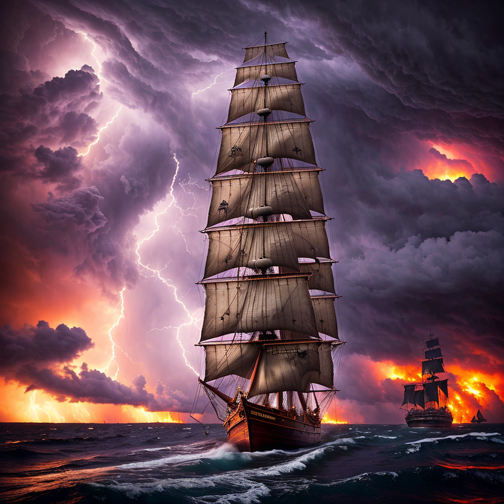 huge pirate ship with large sails and pirate flag rocked by violent stormy waters, massive fire and electrical storm clouds in epic purple sky, dark night, digital art, cinematic, concept art, trending on artstation