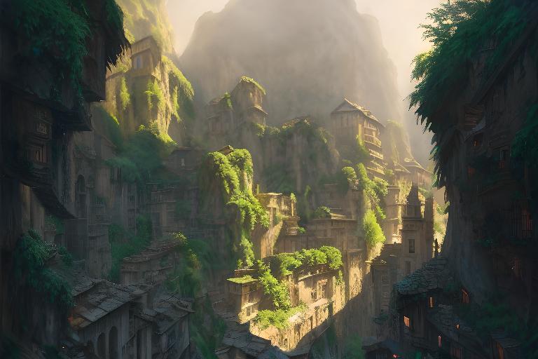 medieval city built on terraces in a gigantic canyon, lots of buildings connected by hanging bridges, waterfalls, warm glow coming the ground, lush vegetation, pitchblack sky, extremly detailed digital painting, in the style andreas rocha and greg rutkowski and peter mohrbacher, rim light, beautiful lighting, 8 k, stunning scene, octane, trending on artstation