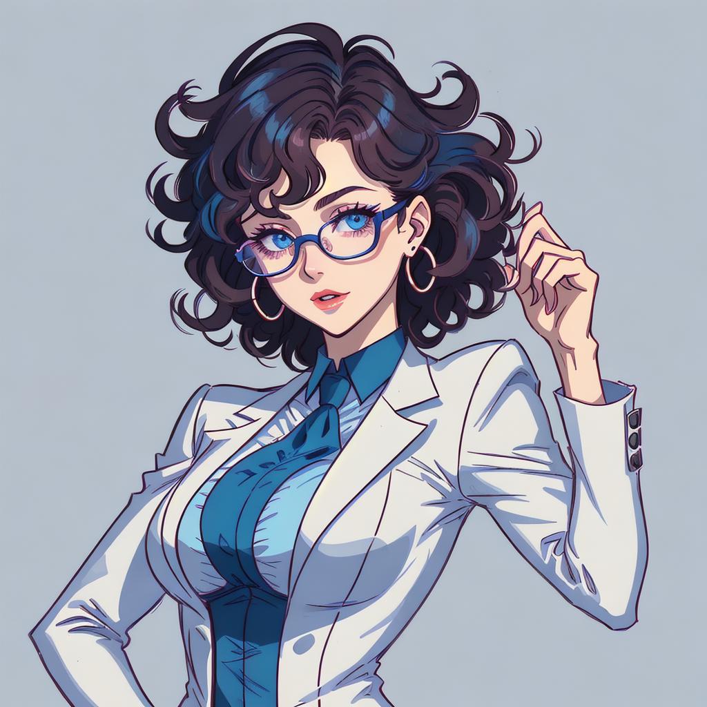 A womanin her mid thirties, really skin (dark brown), white curly (almost afro) hair whit two lateral streaks of blue color. She wears glasses and has dark eyes. She wears a white jacket  over a ceo dress in an acquamarine shade.